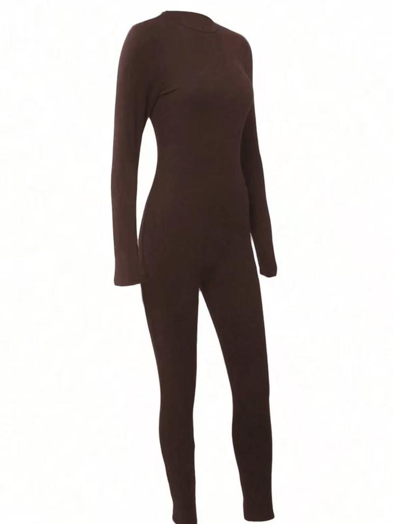 【Plus Size】1 Piece Women's Crew Neck Long Sleeve Bodycon Jumpsuit, Trendy Street Style, Slim Fit & Stretchy Fabric, Full-Length Skin-Tight Design, For Fashion-Conscious Women, Ideal for Streetwear, Casual Dates