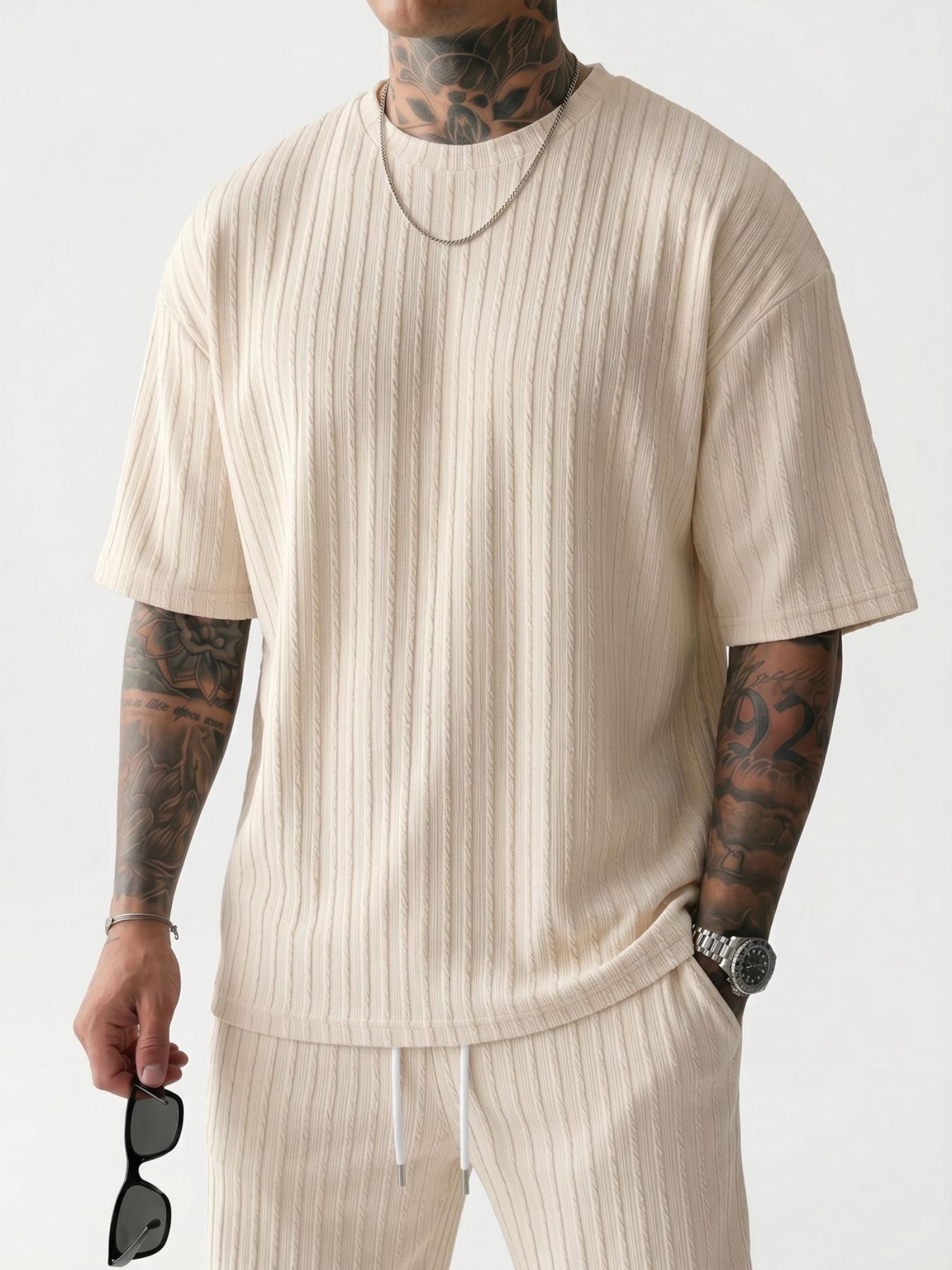 Men’s Loose Fit 2-Piece Summer Set, Oversized Textured Tee with Relaxed Fit Drawstring Shorts Men’s Loose Fit 2-Piece Summer Set, Oversized Textured Tee with Relaxed Fit Drawstring Shorts