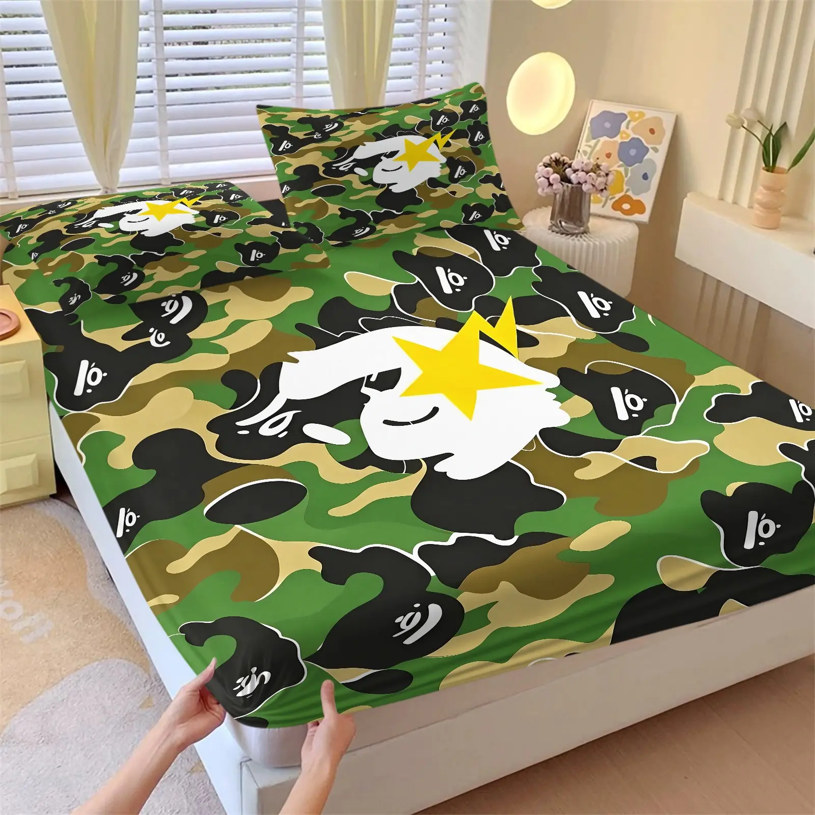 Classic Military Green Camouflage Ape Fitted Sheet Set & 2 Pillowcases, Ape Head Dark Pattern Camo and White Cartoon Ape Design, Soft Non-Slip Deep Pockets, Boys' Bedroom Industrial Gaming Room Dorm Decor