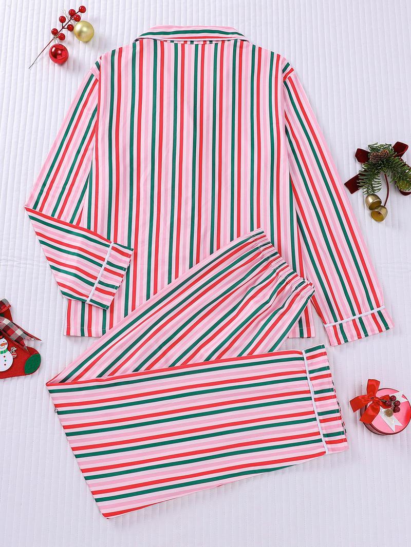 2-piece set full of pink, white, green, and red striped printed long sleeved pants, soft, comfortable, skin friendly, smooth top, small pocket, button closure, elastic waistband, suitable for all seasons home, casual wear, pajamas, Loungewear