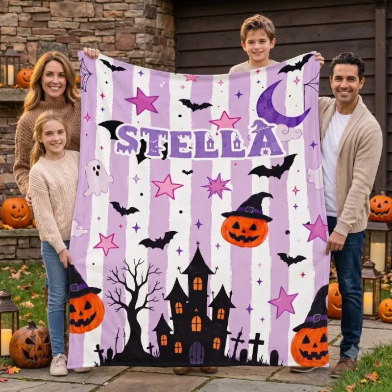 Personalized Halloween flannel blanket featuring purple ghosts, pumpkins, and a haunted house; a soft, cozy blanket for girls—perfect as a Halloween bedroom decoration or gift.