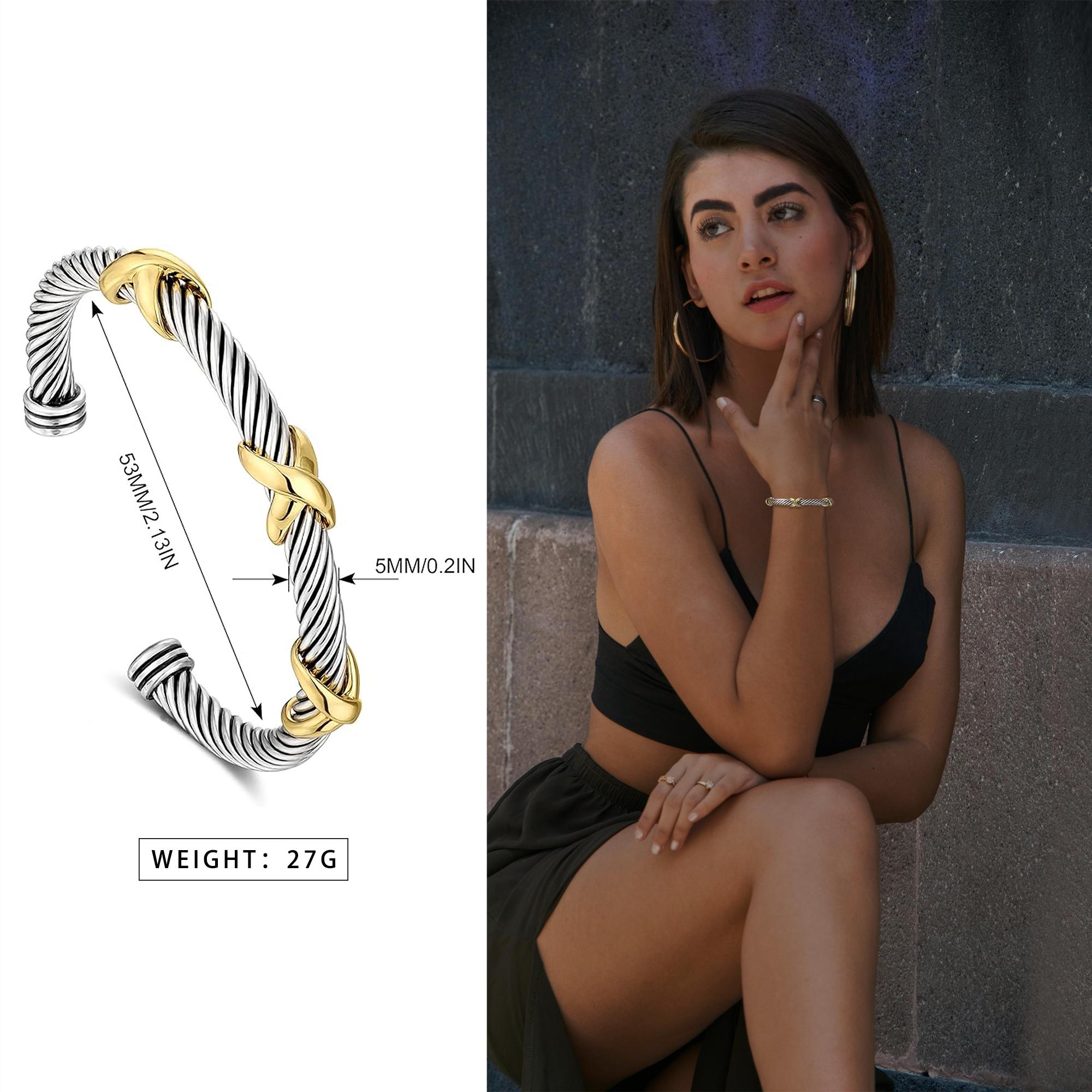 MYTYS Cuff Bracelet for Women Two Tone Knots Twisted Bangle Jewelry Set Fashion Modern Jewellery Trendy Fashionable Accessories with Gold Cross Charm