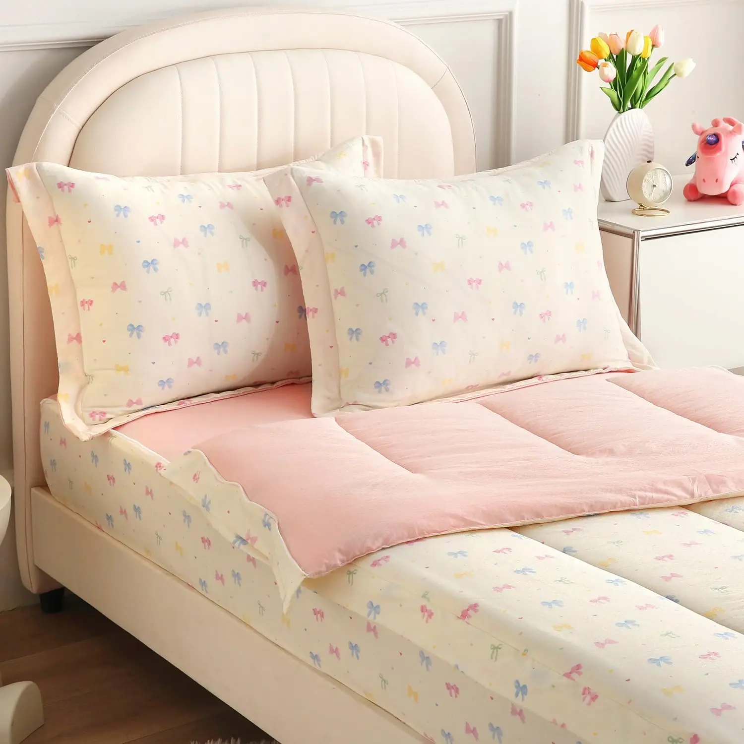 Zipper Bedding Twin Girls Bow Zip Bedding Comforter Set for Kids Cute Colorful Bow Zippered Sheets Sweet Girly Style Cozy Bed Set Easy Care & Durable, bunk Bed, RV