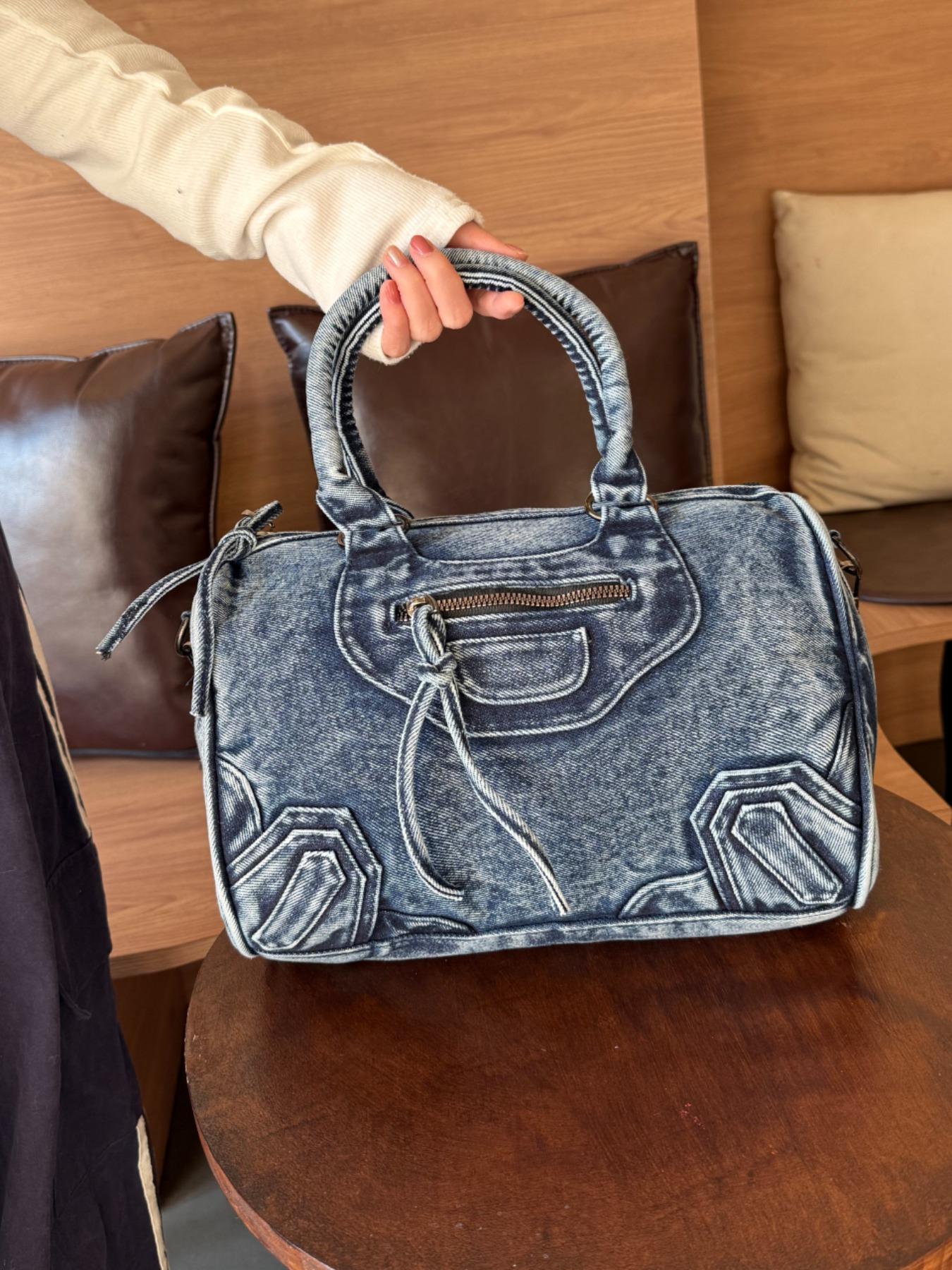 Vintage Denim Motorcycle Bag Large Capacity, Denim Shoulder Purse, Casual Crossbody Shoulder Bag for Women, Trendy Handbag for Work and Vacation