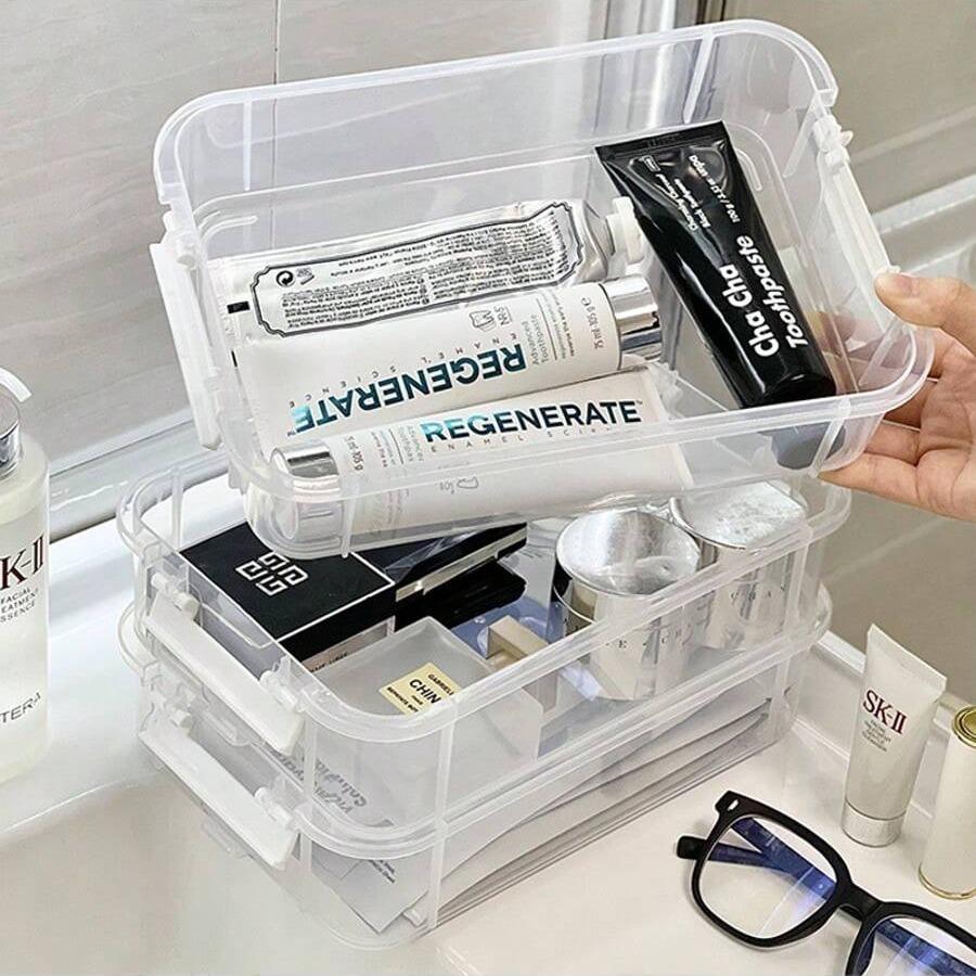 4-Tier Stackable Transparent Plastic Storage Box with Latch, Waterproof Large Capacity Home Office Organizer, Portable Food Safe Container, Multilayer Storage