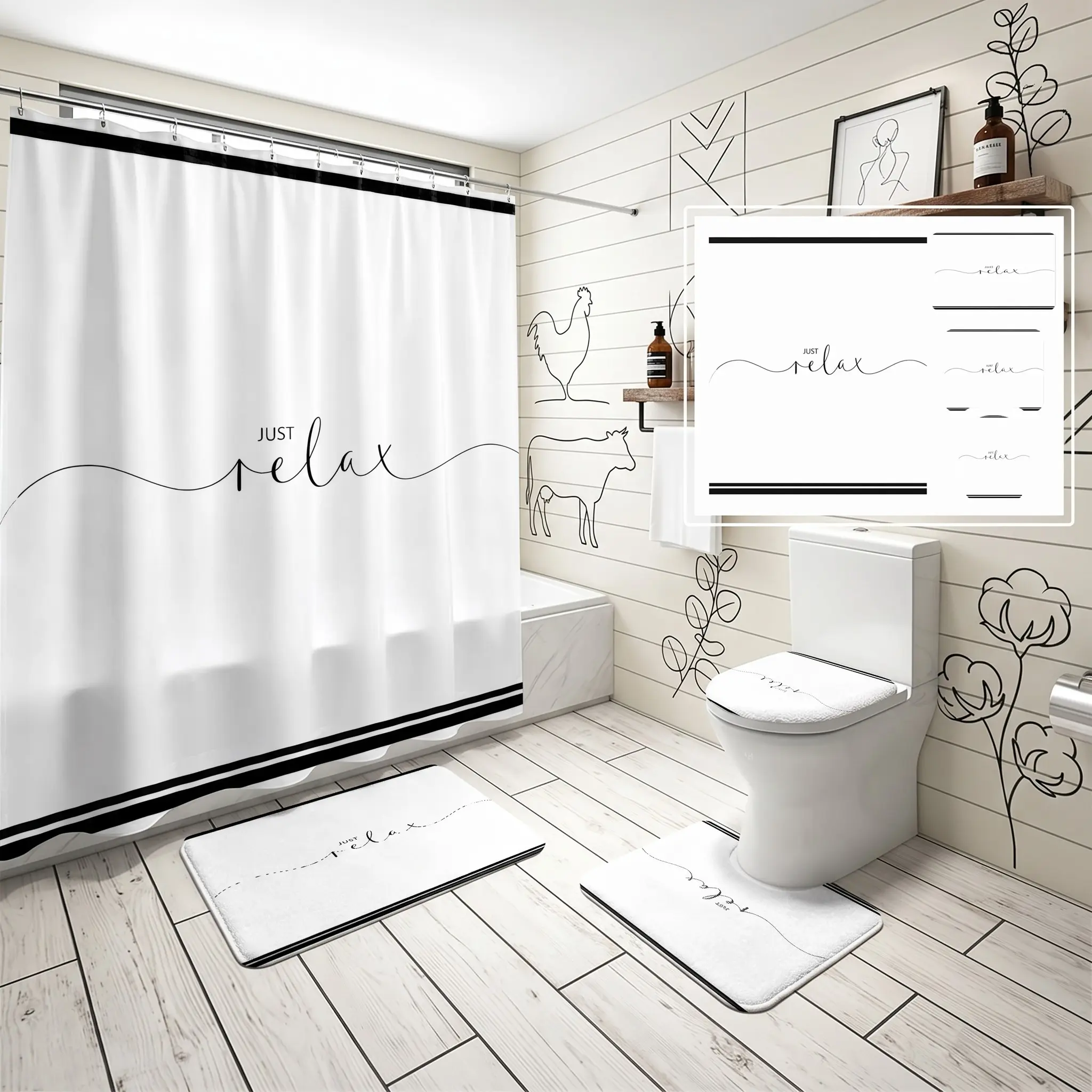 4pcs “Just Relax” Shower Curtain Set with Rugs, Minimalist Black and White Script Typography Striped, Modern Farmhouse Bathroom Decor, Perfect Gift