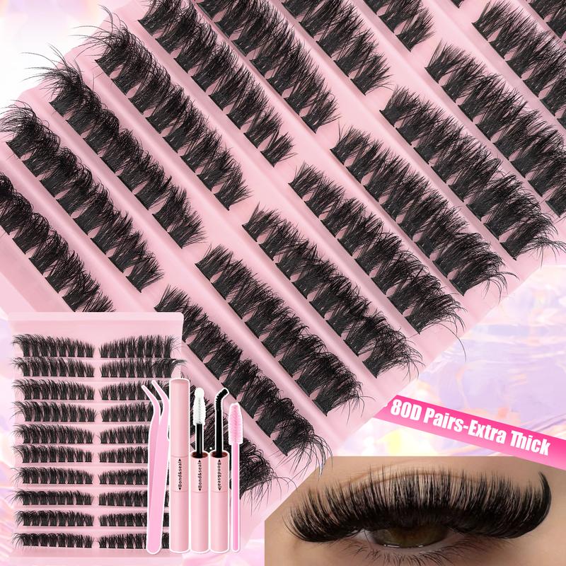 Natural & Thick Look Eyelash Extensions, 1 Box Mixed Length Individual Lashes with Glue & Tweezers & Brush, Eye Makeup Enhancement Tool for Women, Cosmetic