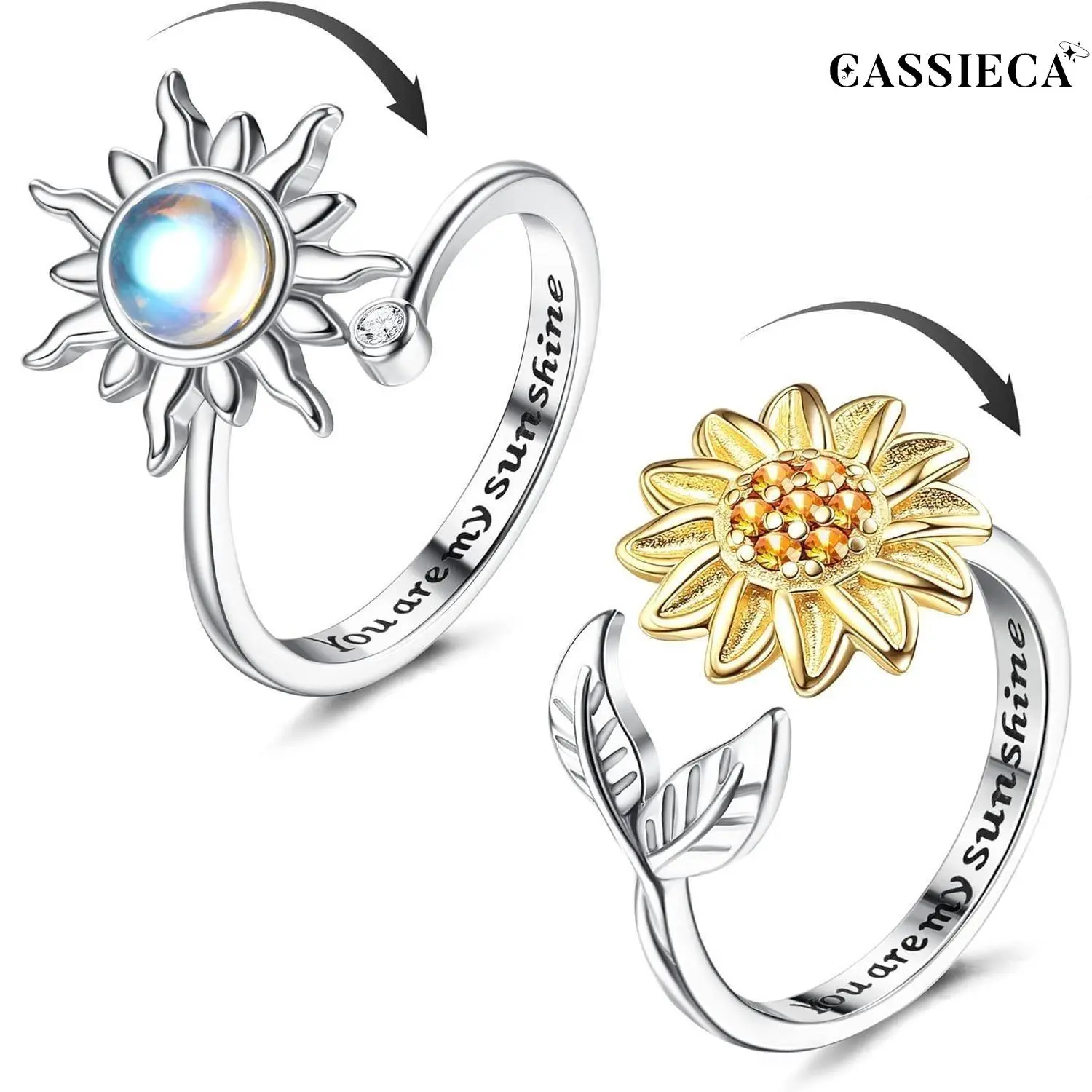 CASSIECA Elegant Sunflower Fidget Spinner Ring Adjustable Anti Stress Moonstone Moon Motif Ring with "You Are My Sunshine" Design for Anxiety, Engagement, Fidget Rings, Moon Motif Rings Sohochic