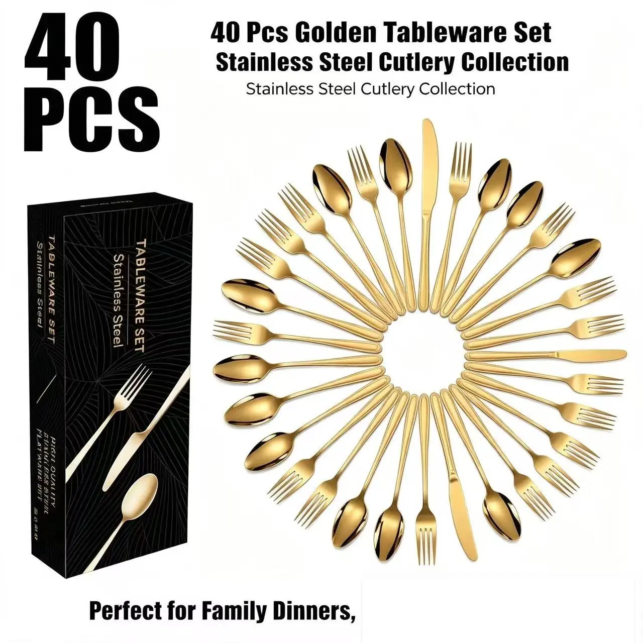 Luxury Stainless Steel Western Cutlery Set, 20/30/40 Piece Dinnerware Kit, Fork Spoon Knife Combo, Home Table Gift Box