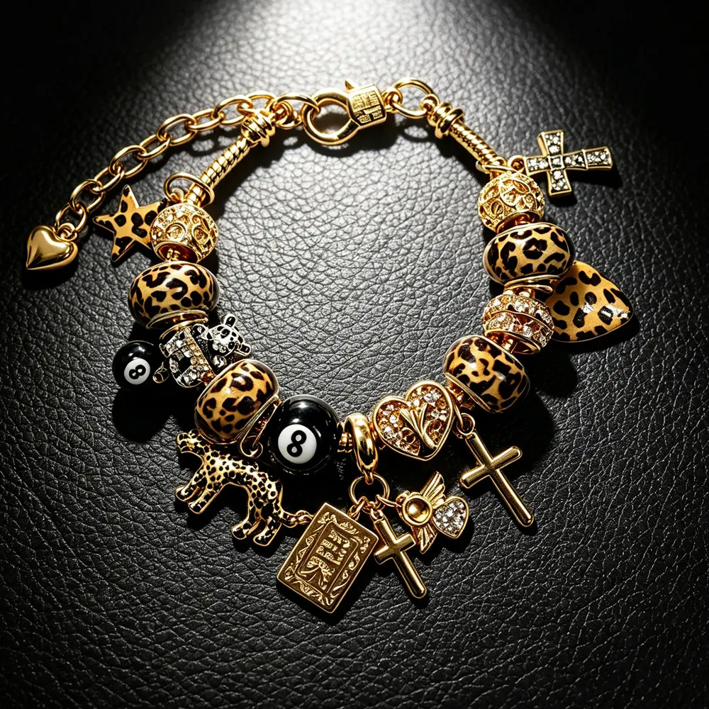 DIY bracelet multi-element bangle collection Gold Leopard Print Beaded Charm Bracelet, Vintage Heart Pendant Bangle with Crystal Flower Dangle Charms, Women Fashion Jewelry Gift