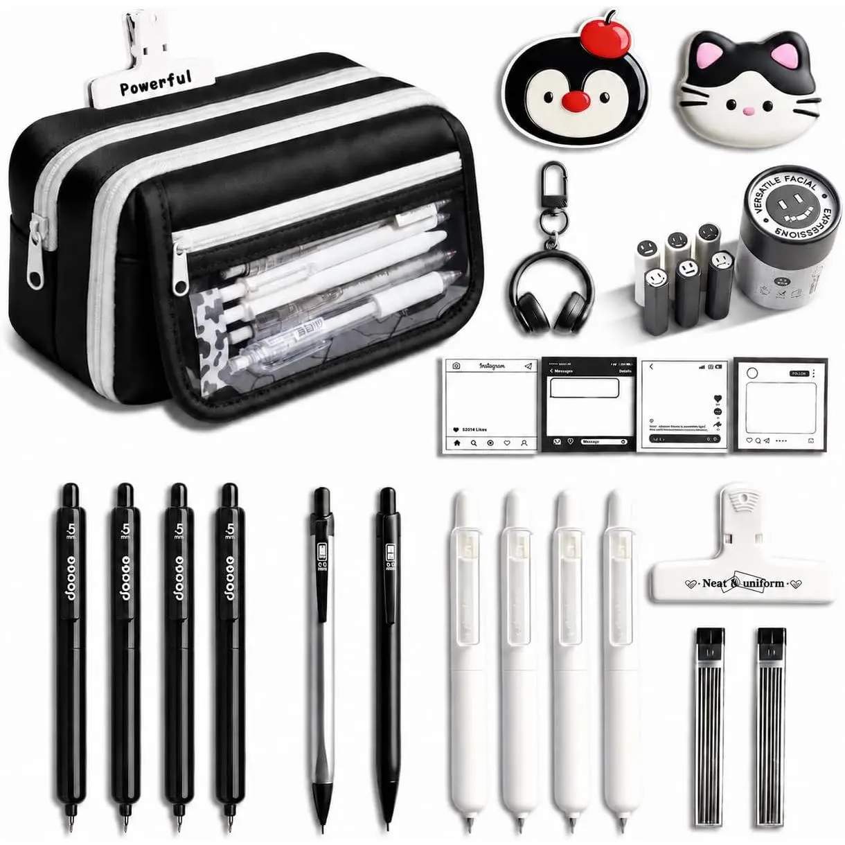 Large Capacity Black Pencil Case with Compartments, Big Aesthetic Pouch Organizer for School Supplies. Cute Preppy Stationery Bag for College Students, University Essentials  to School Gifts