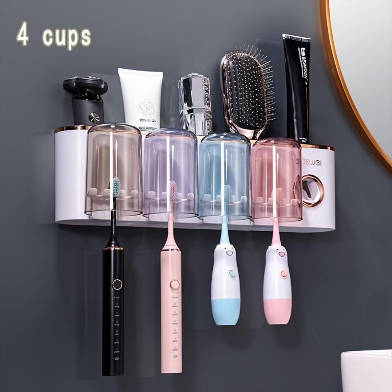 1 Wall-mounted Toothbrush Holder Set with Mouthwash Cup, No Need to Punch Holes, Automatic Toothpaste Dispenser, Wall-mounted Toothbrush Storage Rack, Bathroom Accessories, Plastic for Toothbrush, Toothpaste Tube and Mouthwash Cup