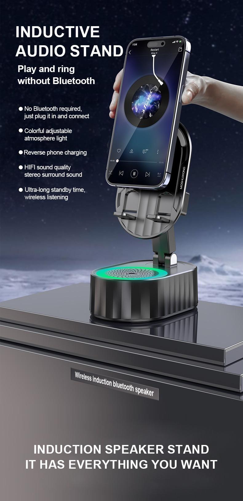 AKLLCCR Wireless Induction Audio Bluetooth Speaker 5in1 Cellphone Holder USB Emergency Rechargeable (5000mAh) Portable Power Mobile Tablet Stand with Colorful Ambient Light Gifts for Friend, Family