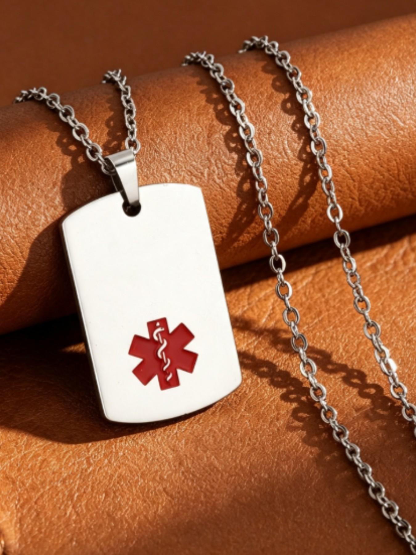Medical Symbol Snake Staff Square Tag Dog Tag Pendant Titanium Steel Necklace, Elegant Medical Accessory Jewelry