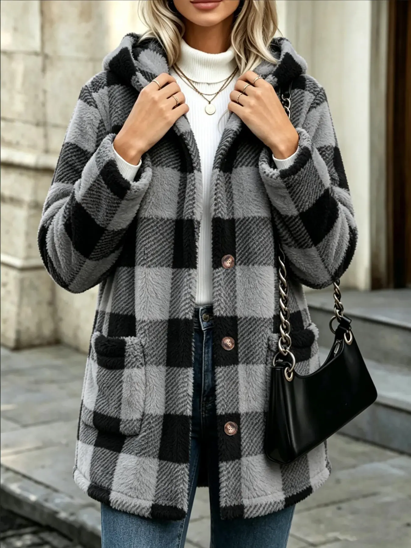 Women's Plaid Soft Fuzzy Coat Jackets with Button Front , Casual Loose Drop Shoulder Long Sleeve For Fall & Winter