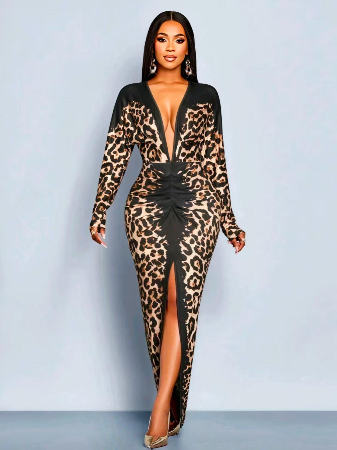 Deep V Leopard Print Patchwork Long Dress Fit, Long Sleeve High Slit Bodycon Skirt, Hot Girl Party Dress A3092 Womenswear