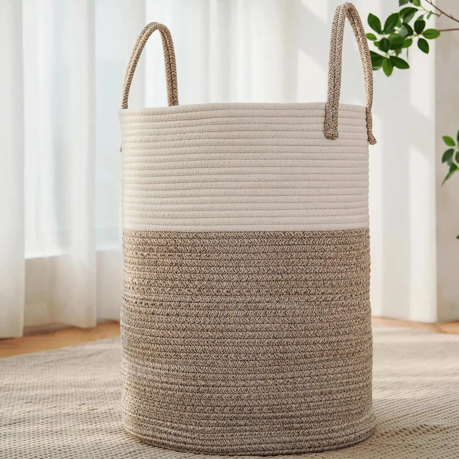 60L Cotton Rope Laundry Basket Hamper, Cotton thread weaving storage basket, miscellaneous basket, dirty clothes basket, children's toy storage basket,Brown