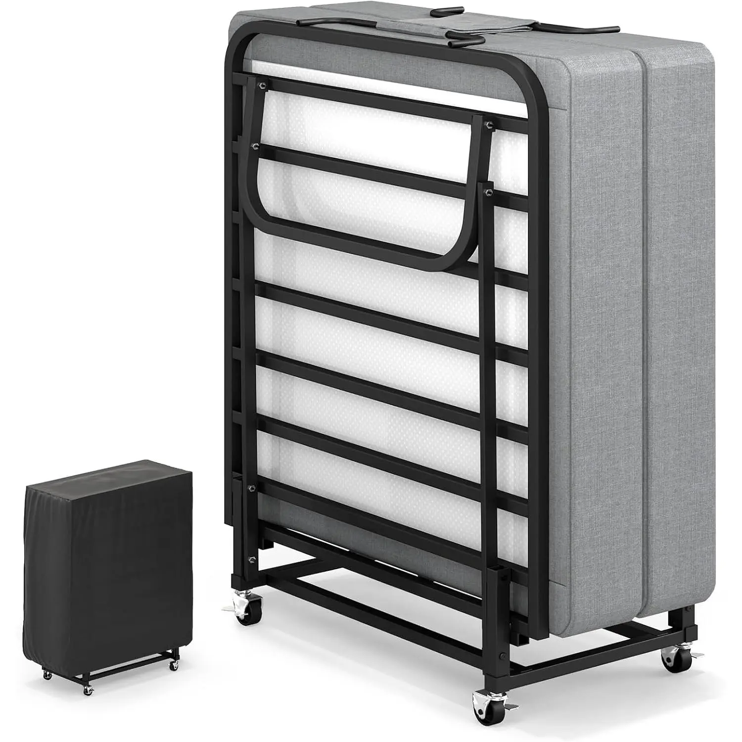 Adult Roll Away Folding Bed, 75"x31" Portable Fold-Up Bed with Memory Foam Mattress & Metal Frame, Space-Saving Indoor Furniture for Easy Storage