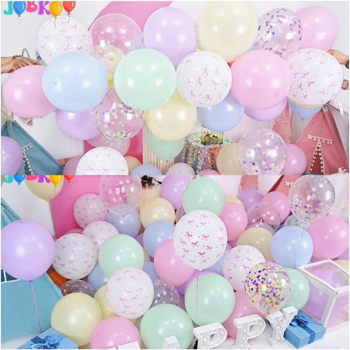 Pink bow balloons, rainbow balloon birthday decorations, 53 pieces of 12 inch pink bow printed balloons with 2 plain ribbons, children's confetti balloons, girls' princess bridal gift party decorations