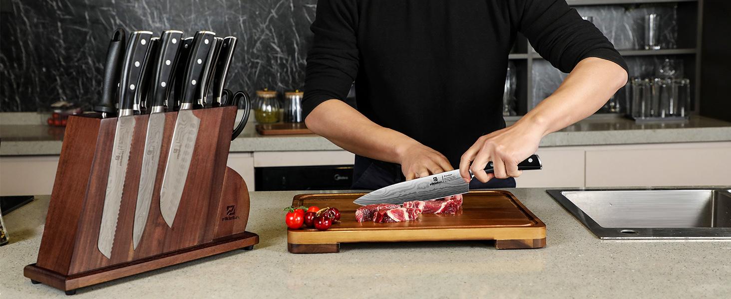 【TikTokShopJumpstart】Kitchen Knife Sets for Kitchen with Block, 17 Pieces with Magnetic Knife Holder, German High Carbon Stainless Steel Damascus Pattern Chef Knives Set with Sharpener, Steak Knives Valentines Day Gift