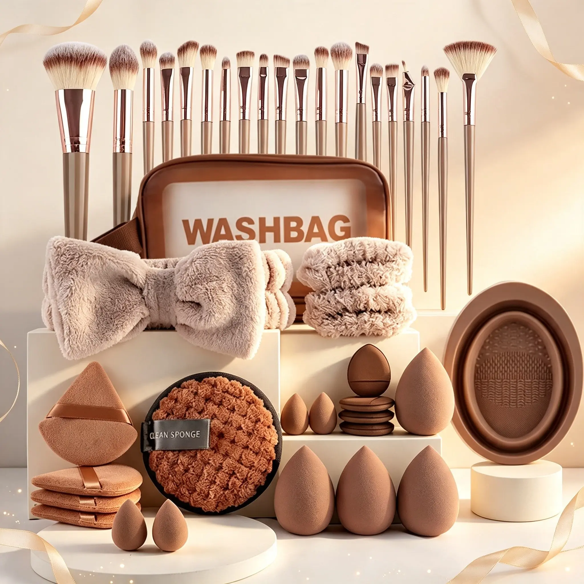 Professional Makeup Brush Set for Women, Girls, Beginners, Includes Brushes, Sponge, Powder Puff, Spa Band, Cleaning Tools, Travel-Friendly