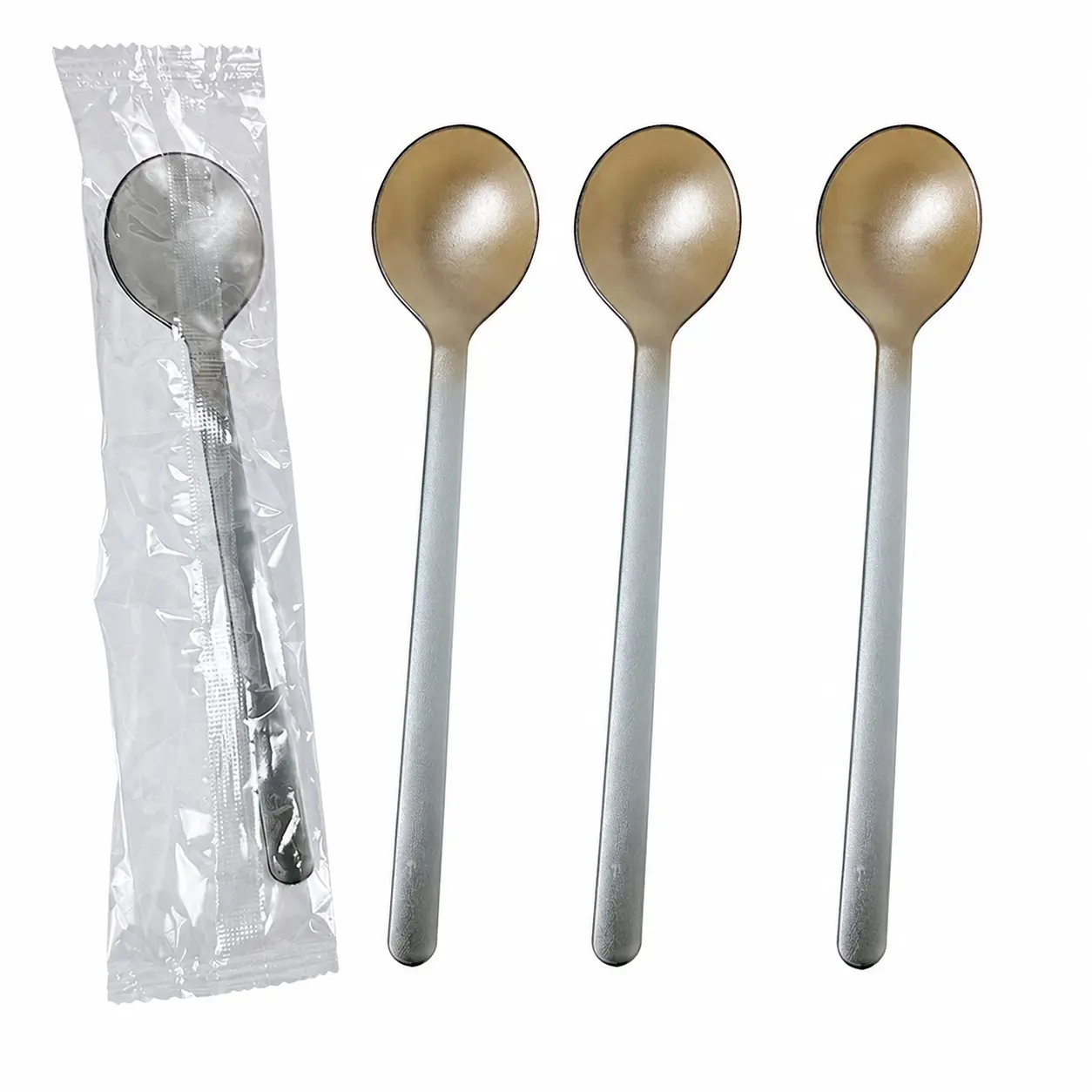 100-Pack Heavy-Duty Disposable Plastic Long-Handle Dessert Spoons for Grass Jelly, Boba Tea, and Takeout Packaging – Individually Wrapped, Food-Safe, Commercial-Grade Serving Utensils for Cafés and Delivery Services