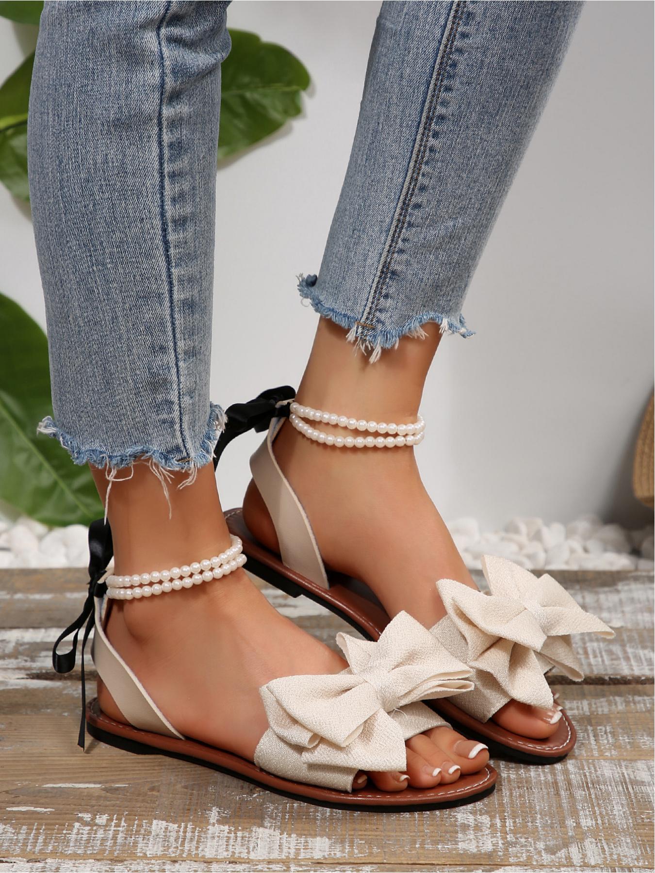 Women's Bow Decor Pearl Ankle Strap Flat Sandals, Open Toe Lace Up Bohemian Beach Shoes, Sizes 36-43 Multiple Colors