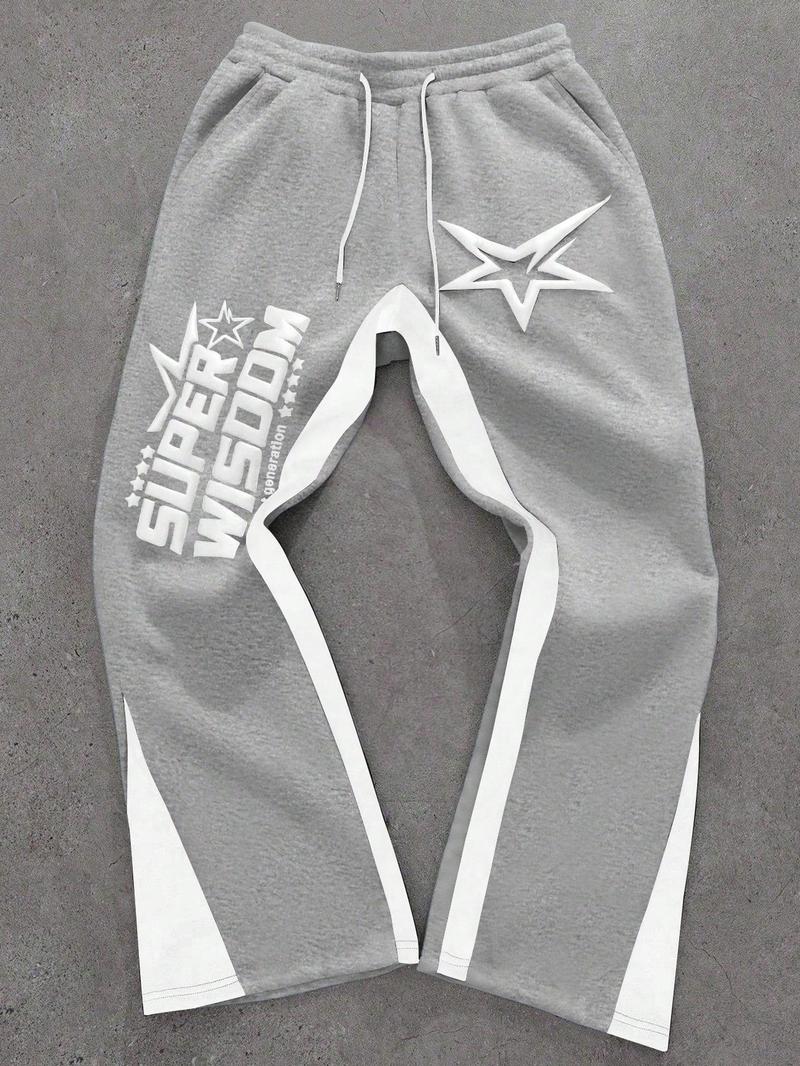 Retro Oversized Star Pattern Flared Sports Pants, Heavyweight Contrast Color Wide-Leg Joggers for Festivals & Street Fashion, Comfortable Loose-Fit Athletic Trousers