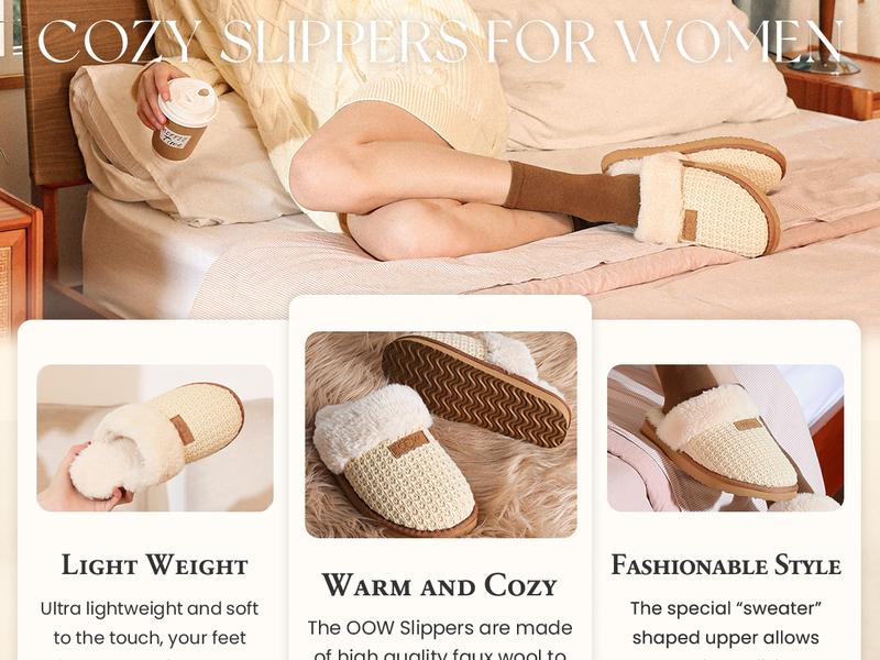 OOW Women's Cozy House Slippers Memory Foam Soft Warm Fuzzy Slippers for Indoor & Outdoor Use Soft Knit Comfort Easy Slip-On Design Footwear Girl