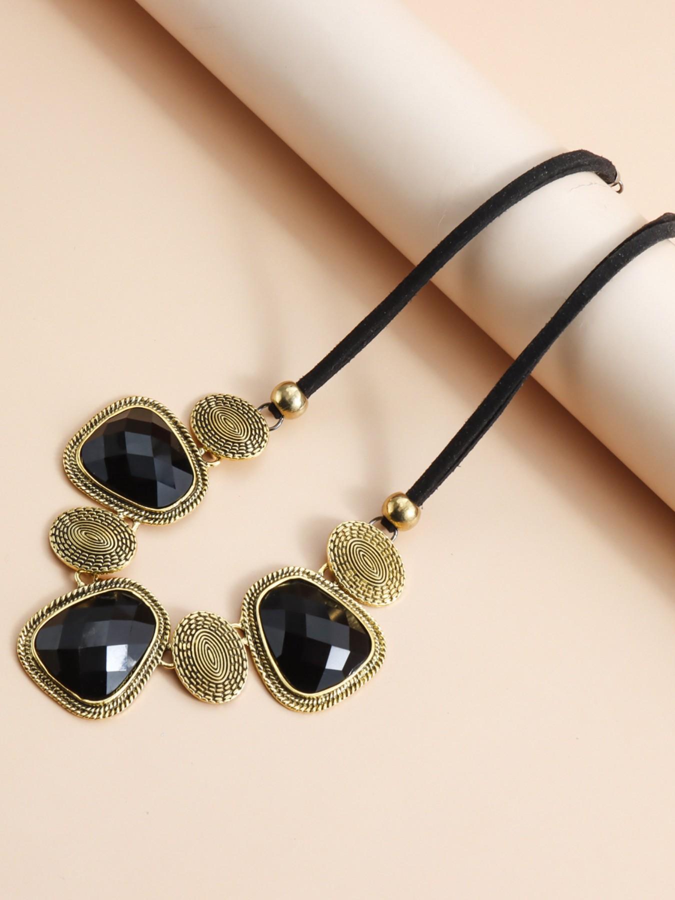 Vintage Tribal Style Gold Geometric Gemstone Necklace for Women, Unique Design High-End Collar Chain, Fashion Jewelry Accessory