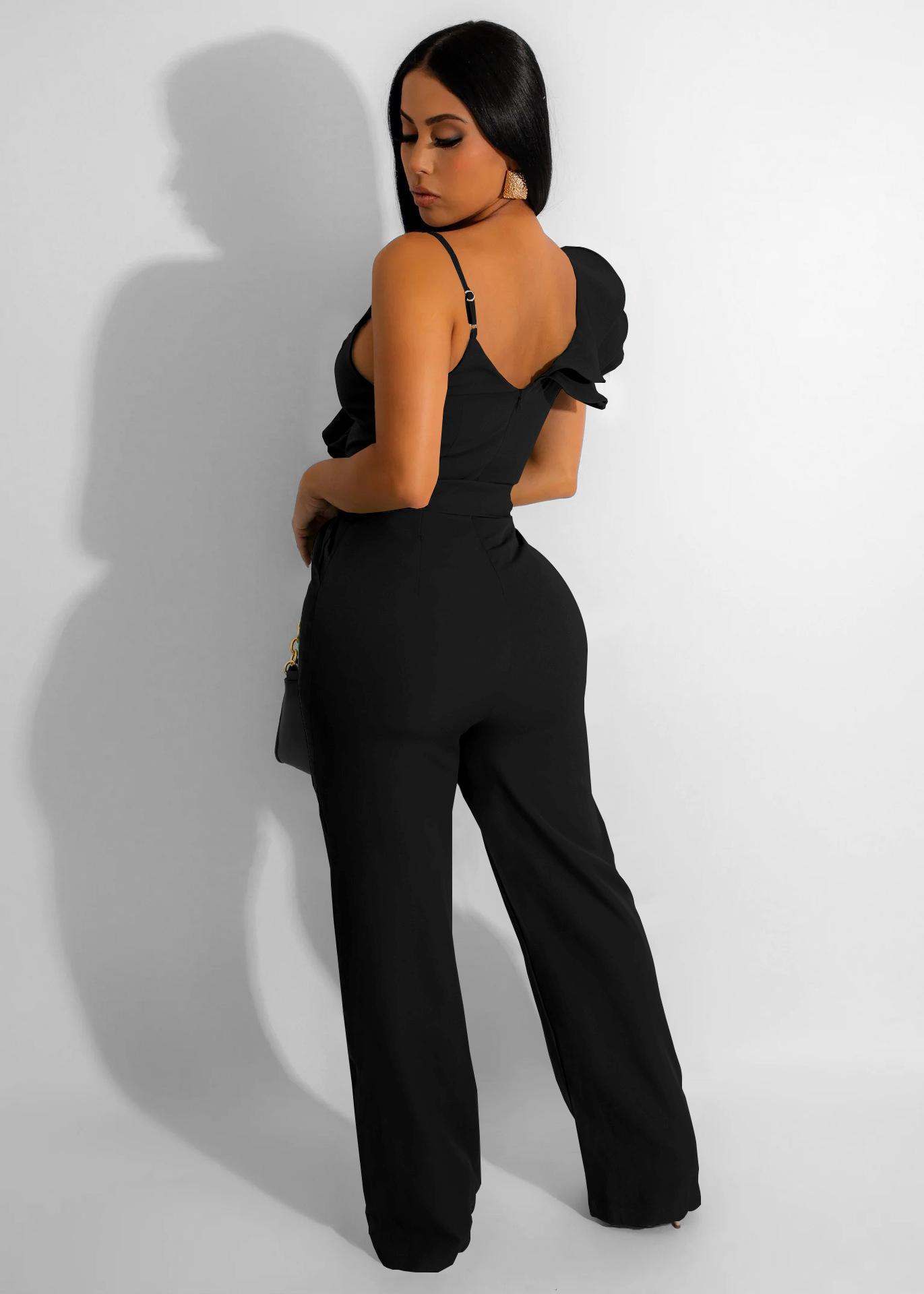 USBoutique Chic Women's Black One Shoulder Ruffled Top& Wide Leg Pants Jumpsuit, Casual Summer Romper, Trendy 2025 Outfit