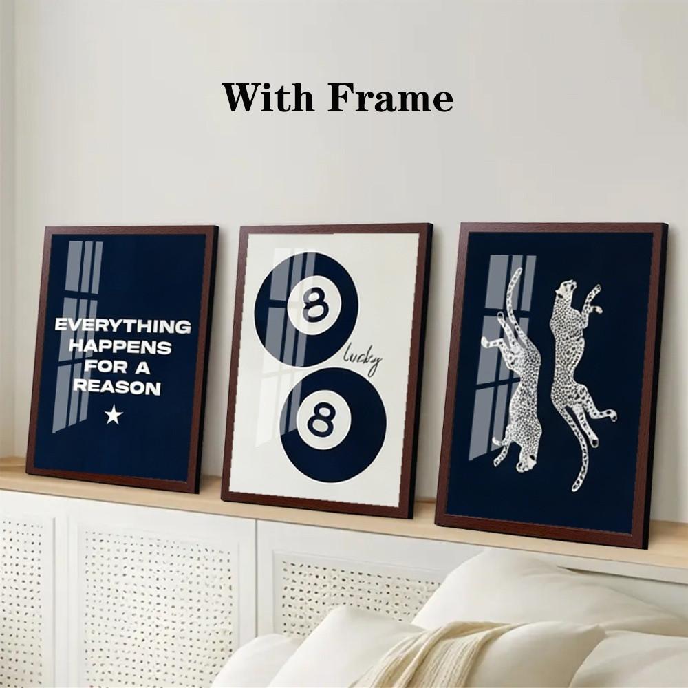 3-Piece Optional Wooden Frame Retro Navy Blue Leopard 8 Ball Animal Print Decor High Precision Color Micro-spray Moisture-proof Scratch-resistant Home Bar Living Room Decor