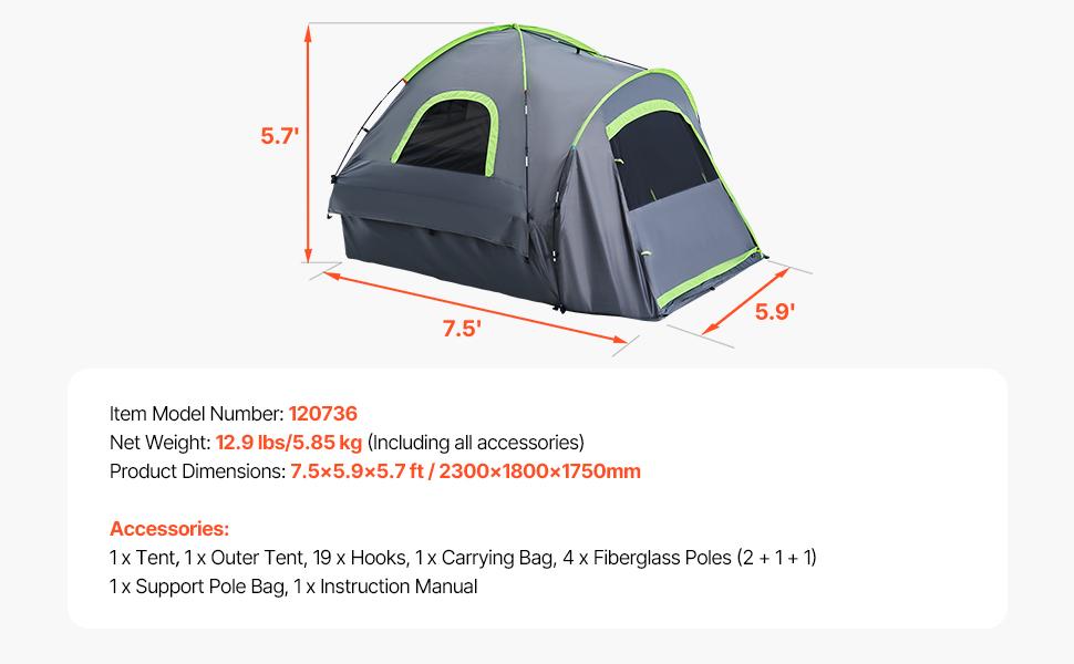 VEVOR Pickup Truck Tent, Fit 5.5-6.0 ft Truck Tents for Camping, Waterproof PU2000mm 2-3 Person Sleeping Truck Bed Tent with Double Layer Design Windows, Sturdy Truck Bed Camper Shell with Storage Bag
