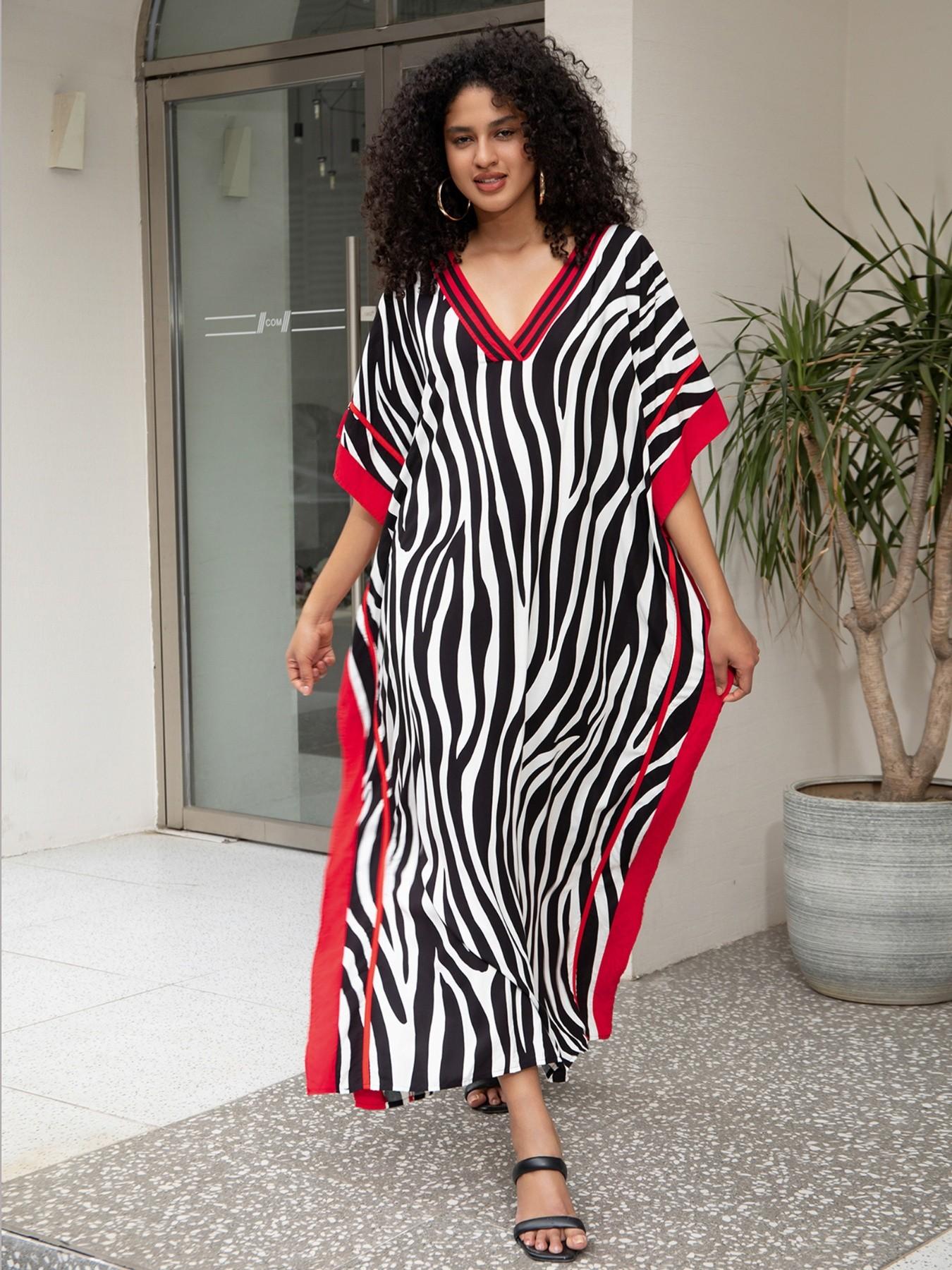 EDOLYNSA Striped Women's Casual Kaftan Long Dress Oversized Chic Bohemian House Robe Beachwear Vacation Bathing Suit Cover Up Lounge Wear Boho Summer Holiday