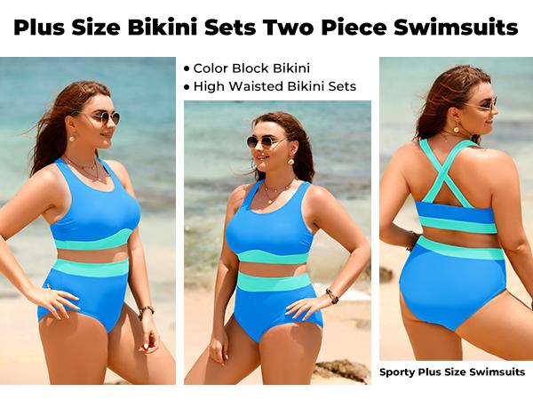 Aqua Eve Plus Size Two Piece High Waisted Bikini Swimsuits Scoop Neck Bikini Set Sporty Bathing Suits