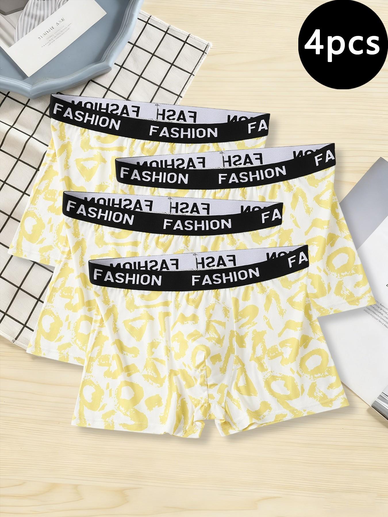 4-piece men's trendy printed boxer briefs, comfortable and breathable, with stylish color-blocked waistband