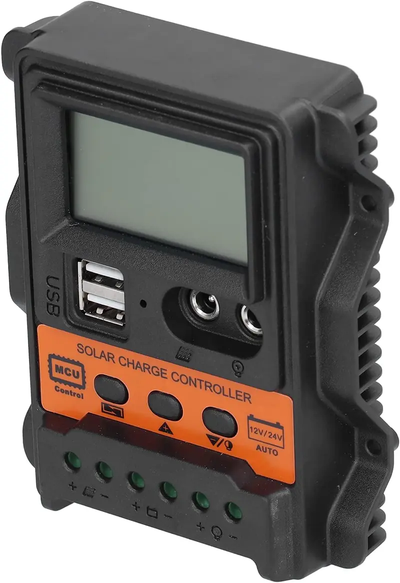 Industrial Grade MCU Control Solar Panel Charge Controller - 12V/24V Auto Mode, 2.5A USB Output, 3-Stage Charging Manag., Anti-Backflow Circuit, Self-Recovery, Ultra-Low Heat Generation, 4.4*4.9in Compact Large LCD Screen for RV, Home Use (Single Unit) Industrial Grade MCU Control Solar Panel Charge Controller - 12V/24V Auto Mode, 2.5A USB Output, 3-Stage Charging Manag., Anti-Backflow Circuit, Self-Recovery, Ultra-Low Heat Generation, 4.4*4.9in Compact Large LCD Screen for RV, Home Use (Single Unit)