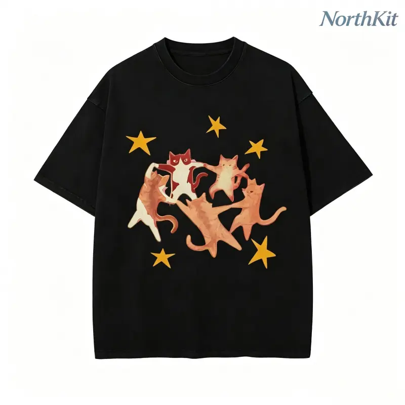 Men's Unisex Starry Cats Illustration Vintage T-Shirt - Tops, Short-Sleeve, Retro Streetwear Aesthetic, Stylish Fit, Premium Fabric