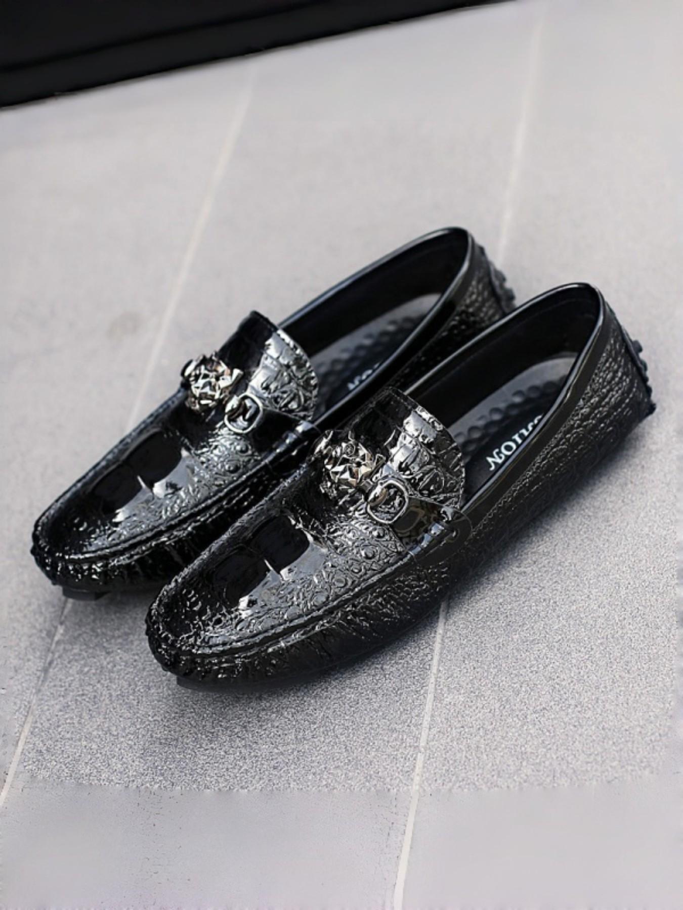 Men's Glossy Crocodile Texture Bean Shoes, Commuter & Fashionable Wear, Leather-Like Finish, Unique Metal Buckle Design
