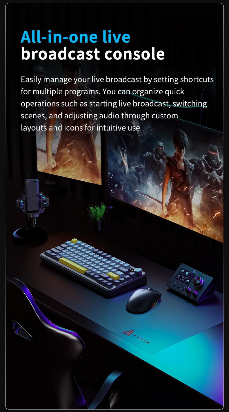 AJAZZ AKP03 console programmable rotation shortcut keys, multi-audio control, one-key operation, customizable buttons, integrated live broadcast console, anchor's essential desktop helper, live broadcast assistant