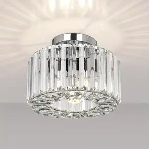 Modern crystal ceiling light, ceiling fixture lighting, circular silver LED pendant light, suitable for corridors, bedrooms, kitchens, living rooms, stairs, compatible with E26 three color LED bulbs (bulbs not included)