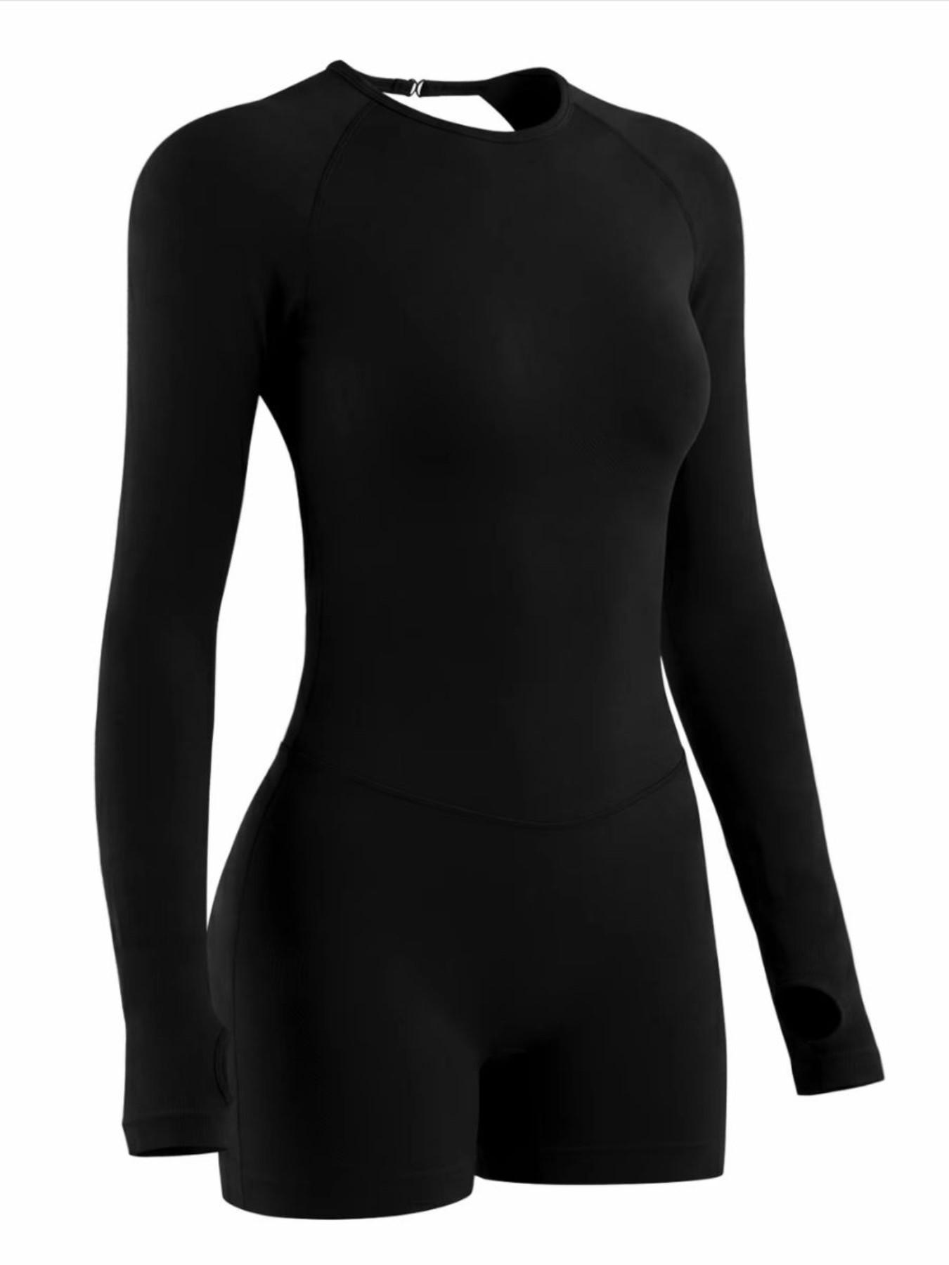 Women's All-Season Long Sleeve Backless Workout Jumpsuit, Tummy Control & Butt Lifting, Stretchy Slim Fit Gym Bodysuit for Pilates & Running, Backless Activewear