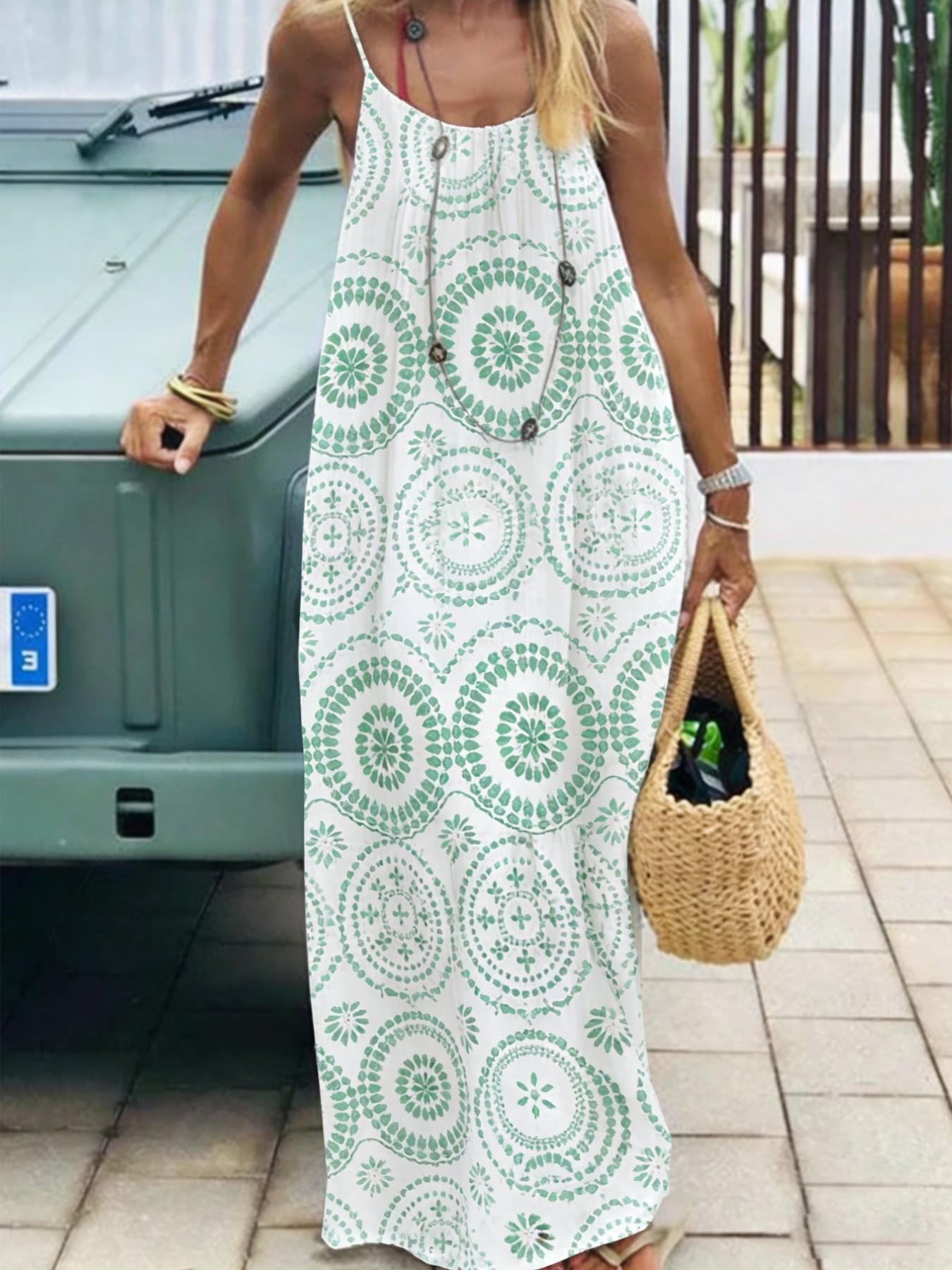 Women's Printed Backless Long Dress, Loose Fit Vacation Style, Sleeveless Halter Neck, Summer Fashion, Casual Wear, Bohemian Print Dresses