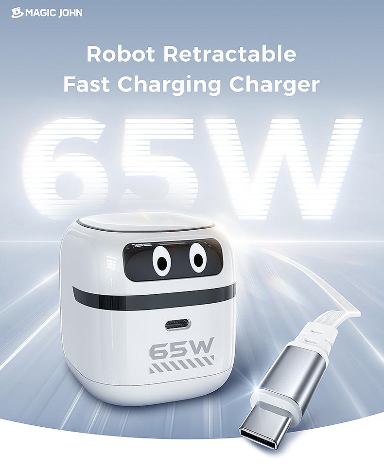 MAGIC JOHN GaN Charger Compatible with 65W Fast Charger with Retractable Type-C Cable, Dual-Port Output, Safer Charging, Paortable for iPhone, iPad, Macbook, Airpods, and Android