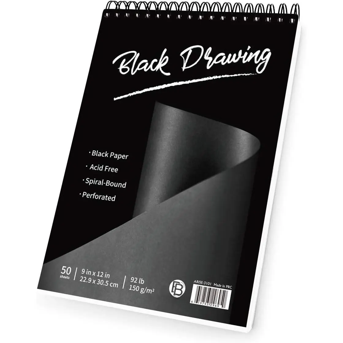 Black Drawing Pad, 9X12 inch (92lb/150gsm), 50 Sheets of Top Spiral-Bound, Perforated,Heavyweighted Paper for Graphite, , Colored Pencils, Charcoal, Opaque Inks, Gouache & Pastels