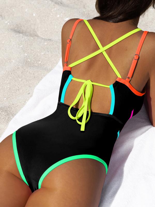 Popvil Color Block Bandage Design Vacation One Pieces,Tummy Control Neon Swimsuit for Women, Neon Bathingsuits