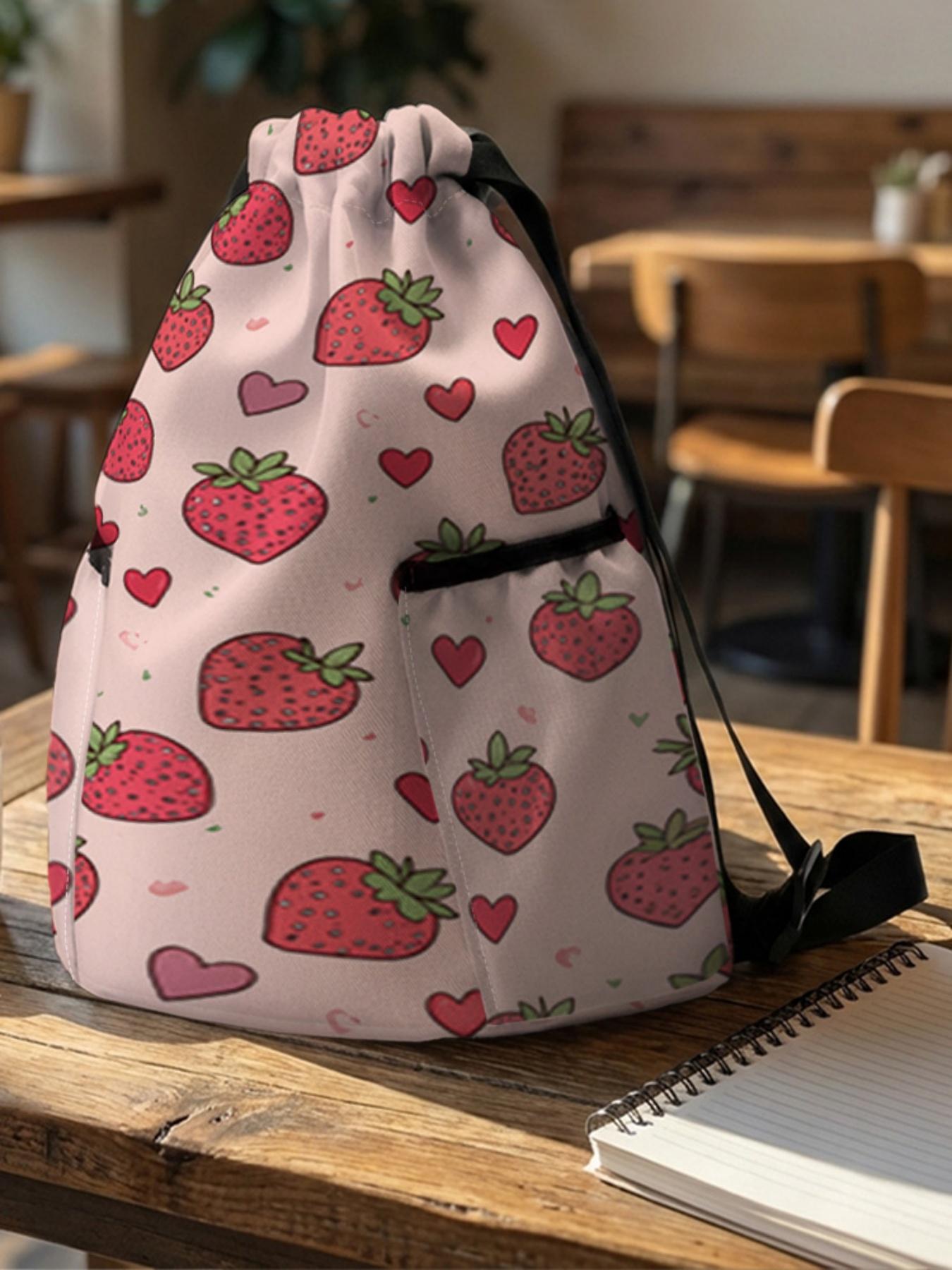1 piece of strawberry heart pattern 2D printed drawstring backpack - large capacity durable fitness bag, with adjustable shoulder straps, suitable for both men and women, essential for travel, hiking, camping