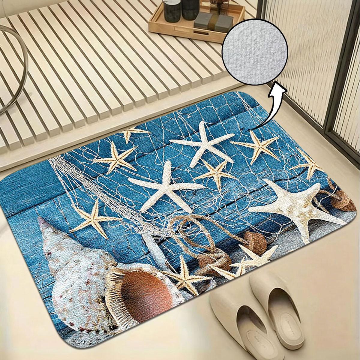 Ocean Theme Starfish Seashell Bath Mat, Blue Wood Print, Thick Faux Wool, Skin-Friendly, Non-Slip, Absorbent, Durable, Easy Clean, All Seasons