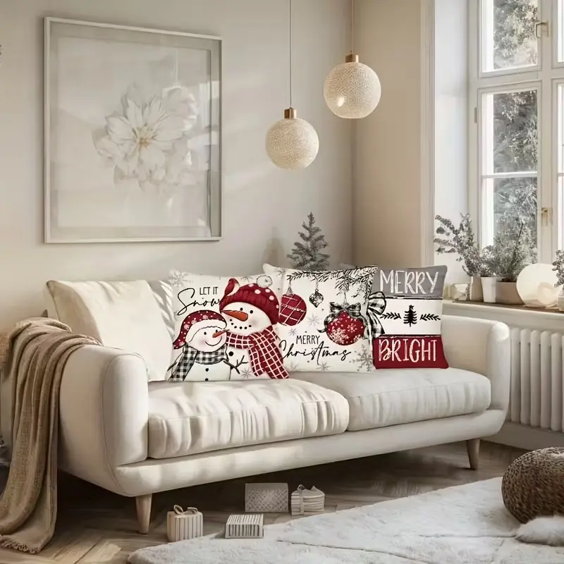 4pcs Set of 18x18 Inch Christmas Throw Pillow Covers,  Winter Holiday Cushion Case Decoration, Snowman Christmas tree Designs, ZipperClosure,Linen,Peach Skin, Merry Christmas Decor 2026 for Home, Couch, Sofa, Living Room – No Inserts Included