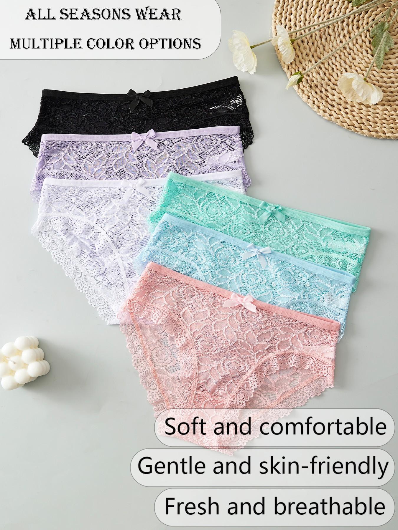 6-Pack Elegant Sexy Lace Floral Women's Briefs, Breathable Lightweight Comfort, Full Lace Semi-Transparent Design, Bow Decoration, All Seasons, Floral Lace Panties